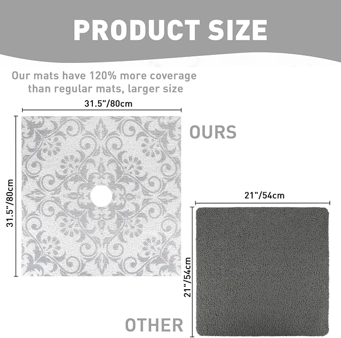 Square Shower Mat Non Slip: 32 x 32 Inch Extra Large Shower Mats with Drain Hole in Middle - PVC Loofah Anti Slip Shower Floor Matt for Inside Shower