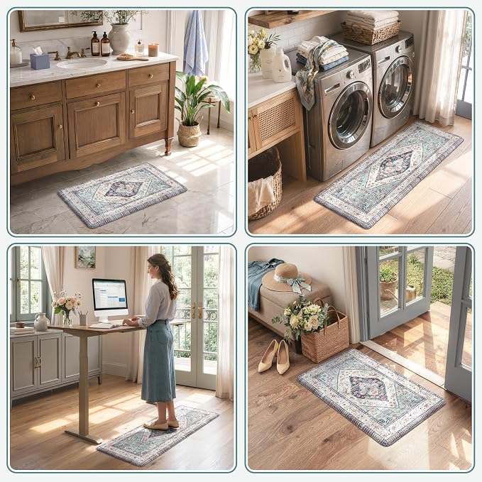 KIMODE Farmhouse Kitchen Mats, Anti Fatigue Kitchen Rugs Sets of 2, Non Slip Paded Kitchen Floor Mats, Blue Boho Laundry Room Rug, Ergonomic Cushioned Comfort Standing Mat for Office, Sink, Desk