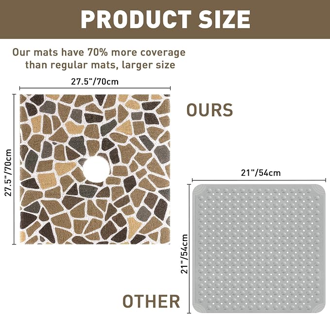 Square Shower Mat Non Slip: 27 x 27 Inch Extra Large Shower Mats with Drain Hole in Middle - PVC Loofah Anti Slip Shower Floor Matt for Inside Shower