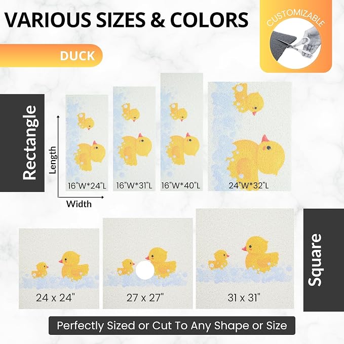 Enkosi Loofah Non-Slip Shower Mat – Square Anti-Slip Bath Mat for Kids, Tub, Bathtub & Walk-in Stalls, Cushioned PVC, Quick-Dry with Drain Holes – Bathroom Floor Safety Pad (Duck, 24x24)