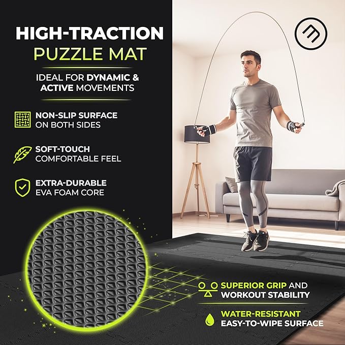 bemaxx Gym Mats Set - 18 pcs EVA Interlocking Foam Floor Tiles (12.6"x12.6"x0.4") 18sqft Protective Gym Flooring Sports Home Workout Exercise Mats Puzzle Garage Fitness Play-Room Pool Treadmill Bike