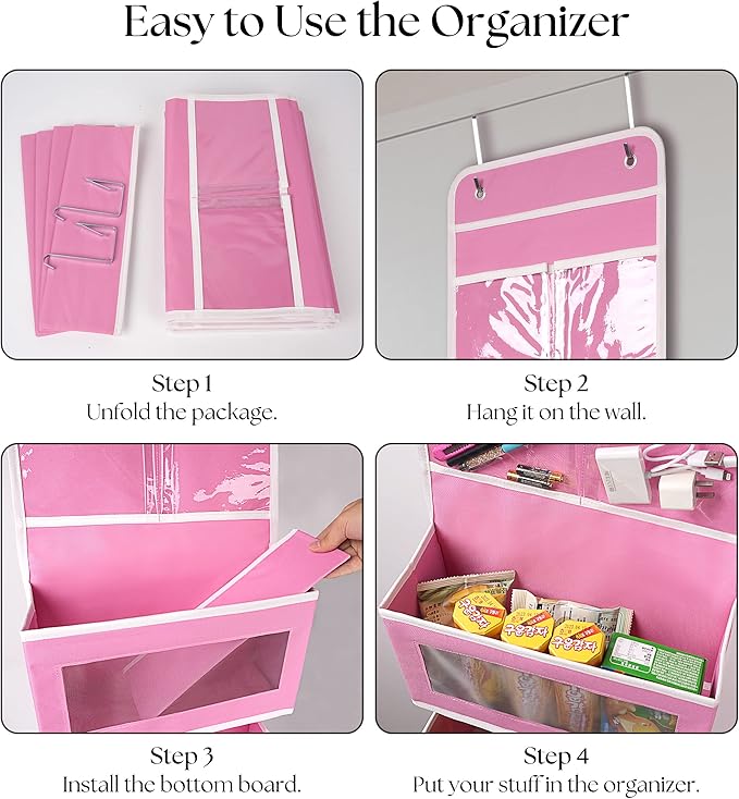 Giraffe Creation Pink Over Door Organizer with 4 Large Clear Pockets, Hanging Door Storage for Nursery, Bedroom, Bathroom, Closet, Toys, Diapers, Cosmetics, Baby Essentials