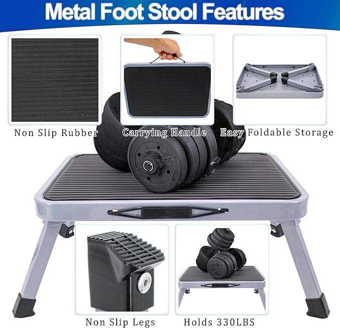 Metal Step Stool - Portable Folding Foot Stool - Non-Slip, Compact, 330lbs Capacity, Heavy Duty One Step Ladder for Kitchen (Black)
