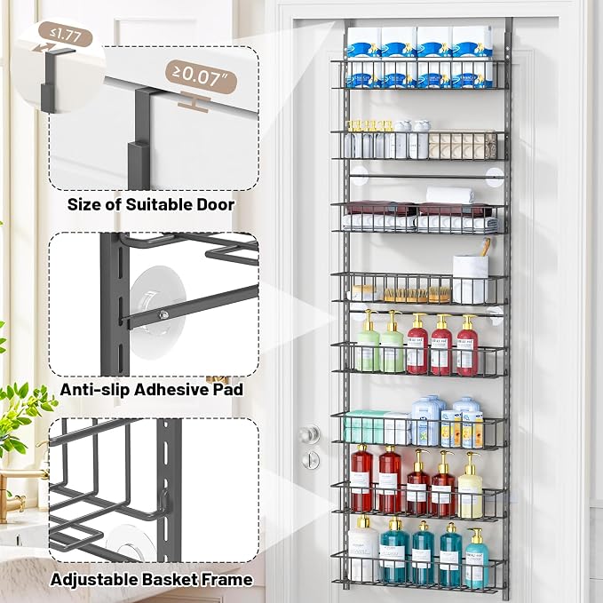 ElegantArray 8-Tier Pantry Door Oragnizer, Over The Door Pantry Organizer Rack and Storage, Hanging Spice Rack Shelves Door, Home Office Laundry Room Bathroom & Kitchen Organization, Deep Gray
