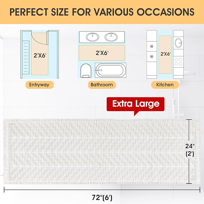 IM HOME Extra Large Waffle Bath Mat, Boho Bathroom Rugs Absorbent Non Slip, Ultra Soft Bathroom Mat, Machine Washable Knit Bath Rugs with Herringbones for Bathroom, Bedroom, Kitchen, 6'x2', White