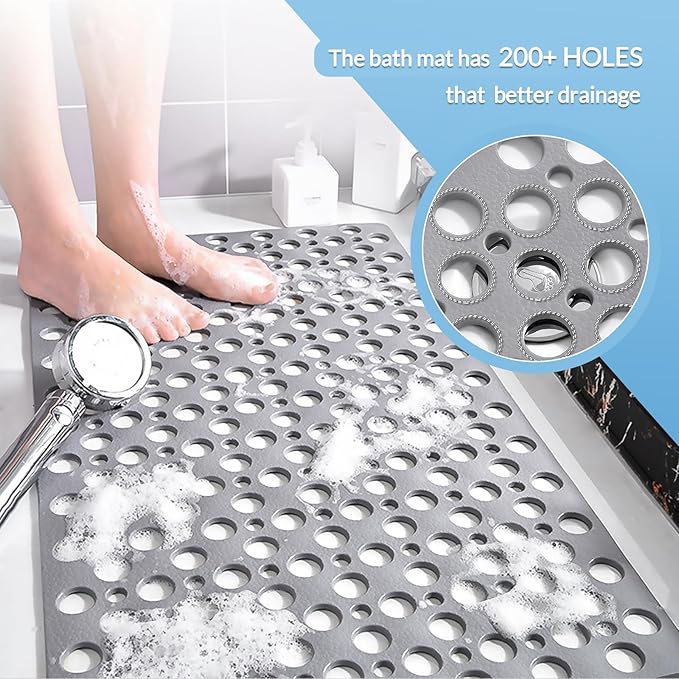 Non Slip Bathtub and Shower Mat, 30x17 in (75x43 cm), Soft Bath Tub Mat with Suction Cups and Bigger Drain Holes, Machine Washable & Quick Easy Dry, Non Slip Bath Mats for Inside Shower, Gray
