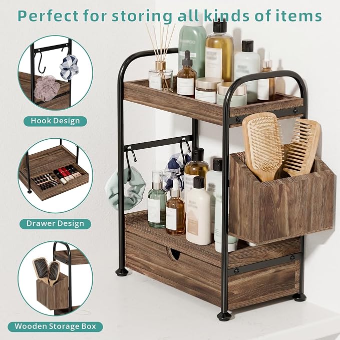 Kottwca 2-Tier Bathroom Counter Organizer with Drawer, Wooden Vanity Skincare Storage Shelf with Thickened Metal Frame, Countertop Shelf with Basket & Hooks for Makeup Organization,Dark Brown