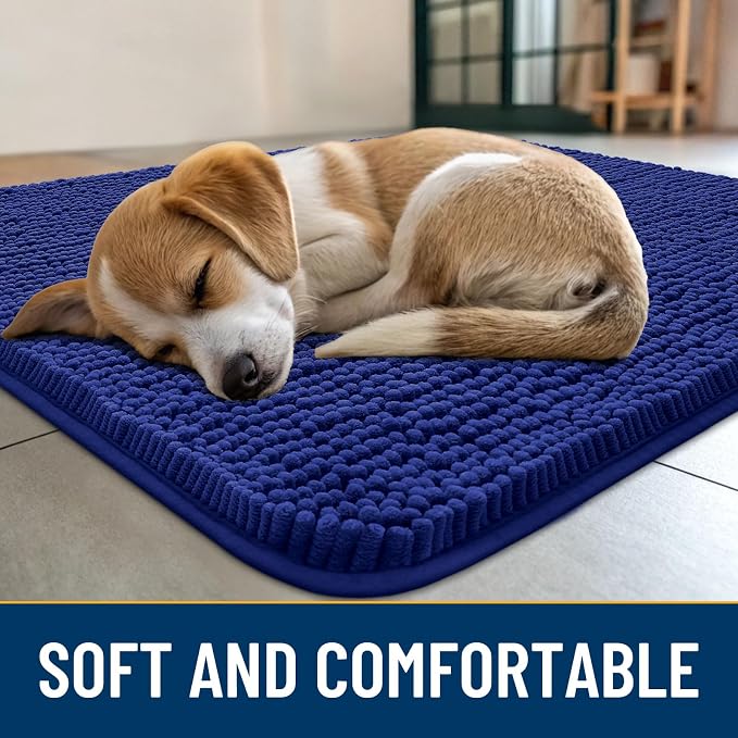 Smiry Dog Door Mat for Muddy Paws 48x30, Absorbent Dirt Trapper, Non-Slip Washable Chenille Entryway Rug for Inside Floor, Navy Blue, Classic Solid