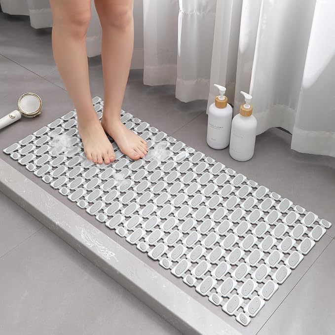 XIYUNTE Shower Mat Non Slip Bathtub Mat - 36 x 16Inches Soft Rubber Bath Mat for Tub Non Slip Bath Mat with Suction Cups and Drain Holes, Easy to Clean, Easy to Cut, Eco-Friendly, Grey