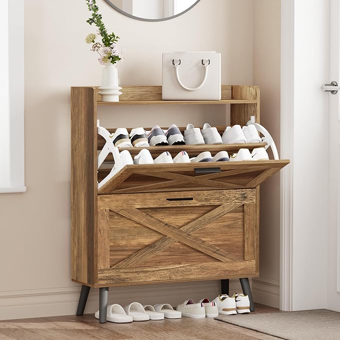 Homleke 32" W Farmhouse Shoe Storage Cabinet with 2 Flip Drawers and Barn Door Design, Adjustable Shelves, Hidden Slim Narrow Shoe Rack Cabinet for Entryway, Foyer, Hallway, Living Room, Rustic Walnut