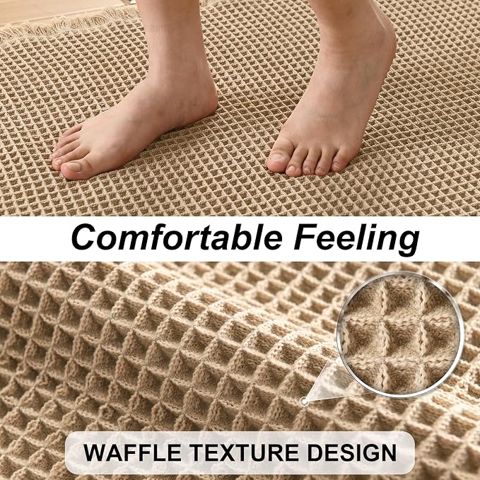 JIUZHEN Set of 2 Waffle Bath Mats Non Slip Waffle Bathroom Runner Rug Washable Boho Runner Bath Rugs Super Absorbent Shower Mat for Bathroom Kitchen Hallway Laundry, 20" x 32" +24" x 48", Brown