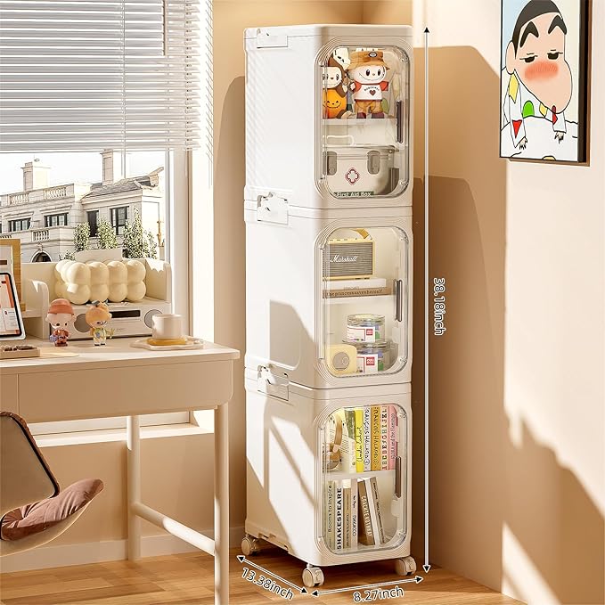 JOYZAN Narrow Bathroom Storage Cabinet with Movable Wheels, Slim Storage Cabinet with 3 Doors & Removable Panel, Skinny Bathroom Organizers and Storage for Small Space, Corner, Kitchen, Laundry