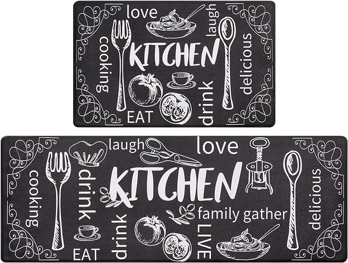 HEBE Kitchen Rugs Set of 2, Cushioned Anti Fatigue Kitchen Mats for Floor, Non Slip Waterproof Comfort Standing Desk Mat Carpet for Sink, Stove, Laundry Room, Black