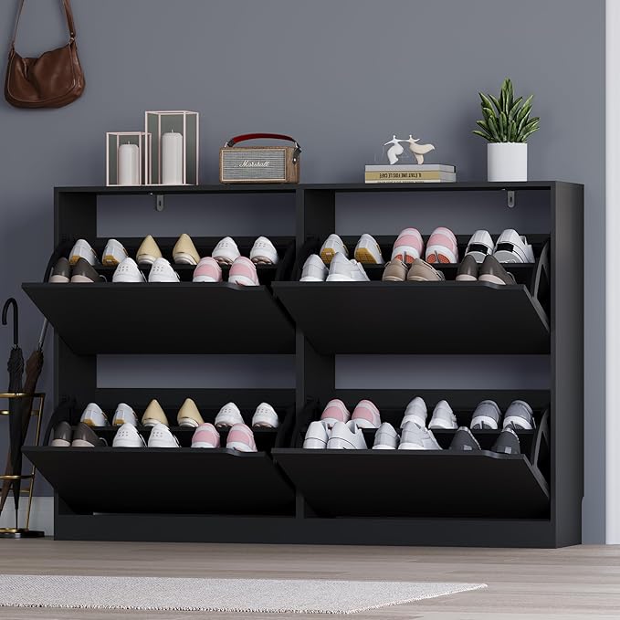 BORNOON Shoe Cabinet with 4 Flip Drawers, Narrow Hidden Shoe Storage Cabinet, Slim Freestanding Shoe Rack Organizer for Entryway, Hallway, Bedroom, Living Room