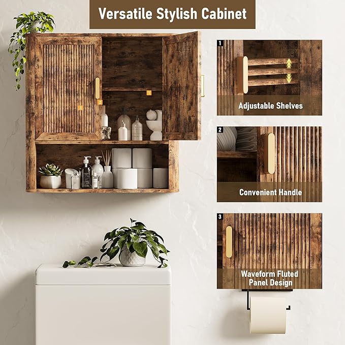INNOD Bathroom Wall Cabinet, Wall-Mounted Medicine Cabinet with Adjustable Wood Shelf & Doors, Floating Bathroom Cabinet Over Toilet for Laundry Room & Kitchen & Living Room (Retro)