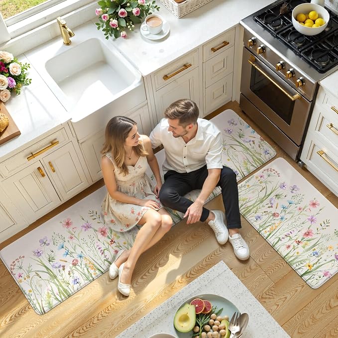 KIMODE Anti Fatigue Kitchen Mats for Floor 2 Piece, Cushioned Floral Kitchen Rugs, Memory Foam Kitchen Floor Mats, Summer Standing Desk Mats for Laundry Office Sink White 20"x71"+20"x32"