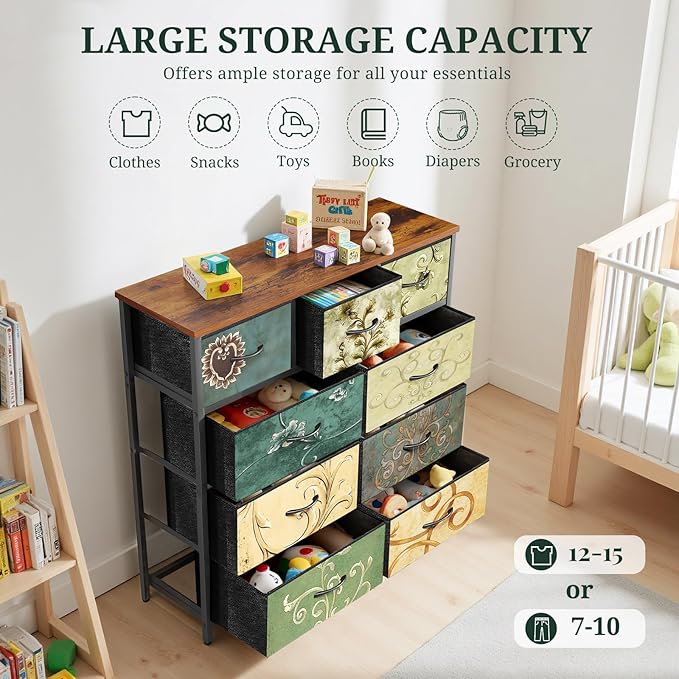 9-Drawer Dresser for Bedroom, Anti-Tip Tall Storage Organizer Chest of Drawers with Wooden Top and Metal Frame Fabric Bins for Closet, Living Room, Hallway, Entryway, Floral Painted