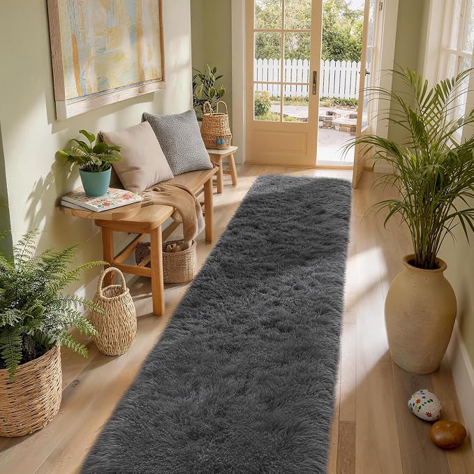 Ophanie Runner Rug for Hallway, 2.5x12 Washable Non-Slip Fluffy Soft Bedside Rugs, Bedroom Living Room Shaggy Carpet for Kids Girls Boys Dorm Nursery Home Decor Aesthetic, Grey