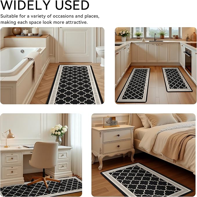 Black Vintage Moroccan Grid Elegance Kitchen Rug Sets [2 PCs], Anti-Fatigue, Waterproof Non-Slip Kitchen Mats Heavy Duty Comfort Foam Rug for Kitchen, Floor, Laundry,17"x29"+17"x47"