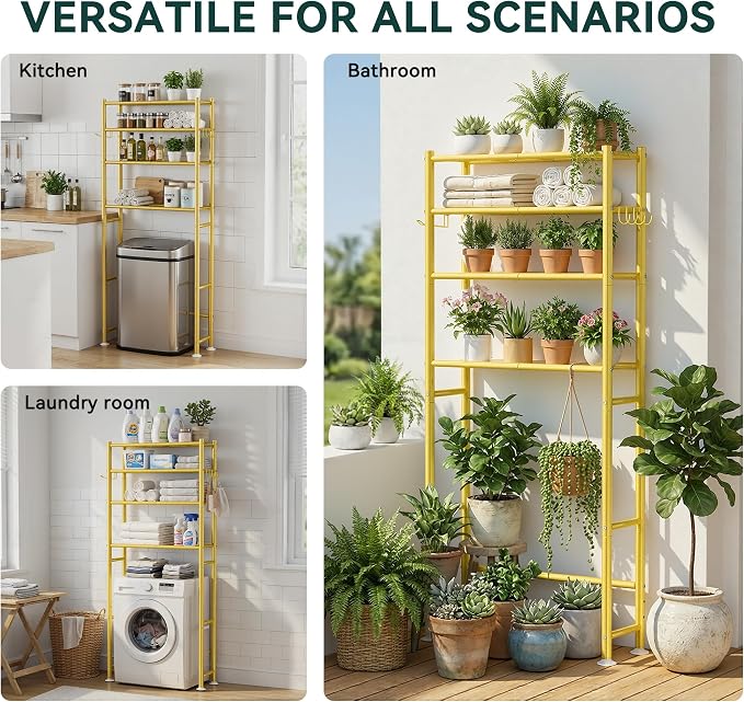 GloTika 4-Tier Over The Toilet Storage, 200lb Total Capacity Metal Bathroom Organizer with 36" Clearance, Includes Paper Holder & 4 Hooks, Space Saving Rack for Bathroom Laundry Room (64" H, Gold)