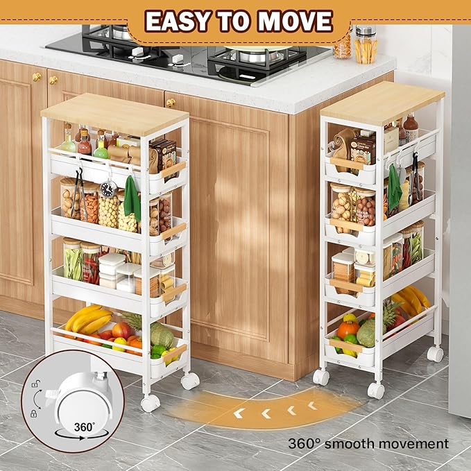 SUNALLY Slim Storage Cart with Pull-Out Baskets, 5-Tier Rolling Kitchen Cart with Wooden Top & Lockable Wheels, Narrow Space Utility Cart Organizer for Kitchen, Bathroom, Laundry Room, White