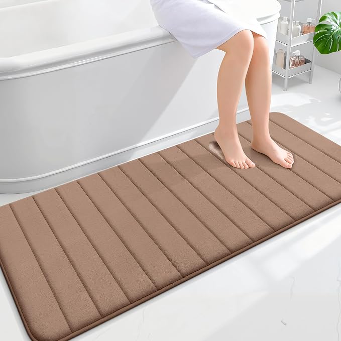 OLANLY Memory Foam Long Bathroom Rugs Runner 59x24, Super Soft Absorbent Bath Mat, Quick Dry, Machine Washable Shower Floor Rugs, Bathmat Carpet, Bathroom Home Decor Accessories, Mocha