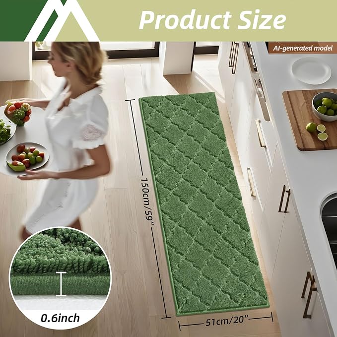 COSY HOMEER Soft Kitchen Floor Mats for in Front of Sink Super Absorbent Rugs 20"x59" Non-Skid Kitchen Standing Mat Washable,Polyester,Green