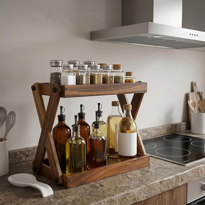 Wood Countertop Shelf Organizer, 2 Tier Wooden Shelf for Coffee Bar Accessories, Kitchen Spice Rack Organizer, Condiment Storage Caddy for Home, Office, Bathroom counter