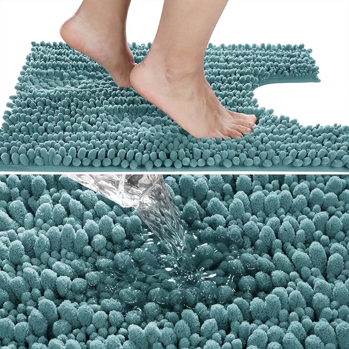 Yimobra Toilet Rug U Shaped Washable 24x24 Inch - Ultra Soft Absorbent Chenille Bath Rugs for Toilet, Quick Dry & Machine Washable, Non Slip Contour Bathroom Mat, Teal Blue