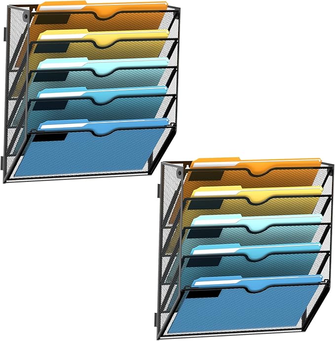 SUPEASY 5-Tier Wall File Holder Organizer with Hooks, Mesh Hanging File Organizer, Mail Organizer Wall Mounted for Papers, Folders, Office Magazine Rack, Black, 2Pack