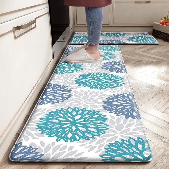 Teal Kitchen Mats Set of 2 Cushioned Anti Fatigue Kitchen Rugs Non Slip Waterproof Runner Memory Foam Kitchen Floor Mat Comfort Standing Mat for Sink,Office,Laundry