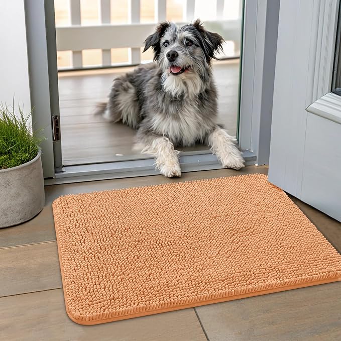 Smiry Dog Door Mat for Muddy Paws 24x16, Absorbent Dirt Trapper, Non-Slip Washable Chenille Entryway Rug for Inside Floor, Orange, Classic Solid