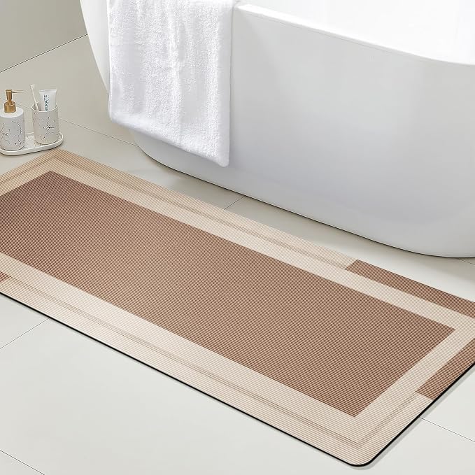 ACCUMTEK Non Slip Bath Mat, Thin Bathroom Rugs Fit Under Door, Quick Dry Bath Mats, Machine Washable Bath Rugs for Bathroom, Bathtub & Kitchen, Bathtub, Light Brown/Bordered/59 x20