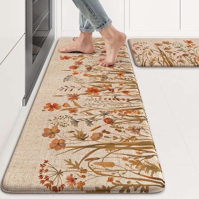 KIMODE Fall Kitchen Mats Cushioned Anti Fatigue, Orange Farmhouse Kitchen Rugs Sets of 2, Non Slip Kitchen Mats for Floor, Padded Kitchen Floor Mats for Sink Laundry Office Desk 17"x47"+17"x29"