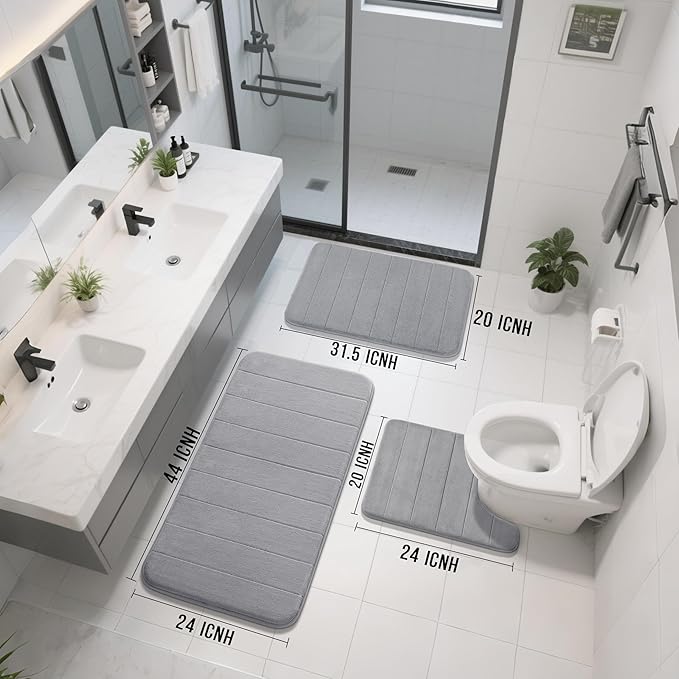 Yimobra 3 Pieces Memory Foam Bath Mat Set with U-Shaped Toilet Rug - Non Slip Super Soft Absorbent Quick Dry Bathroom Rugs for Bathtub, Vanity & Toilet Base, Gray
