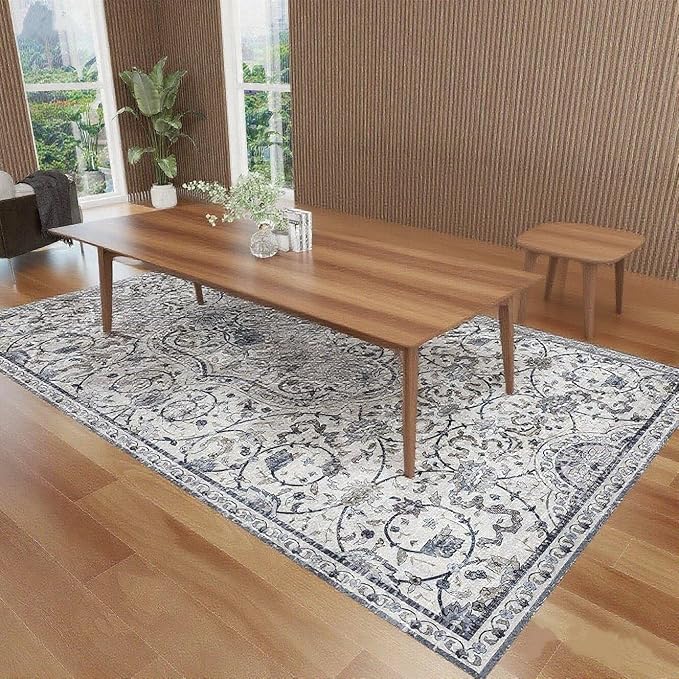 SALLOUS Floor Mat for Home, 5' x 7' Waterproof Area Rug for Living Room, Vinyl Area Rug for Bedroom, Slip Resistant Hard Floor Protector Mat for Kitchen, Bathroom, Entryway (Grayish Blue Bohemian)