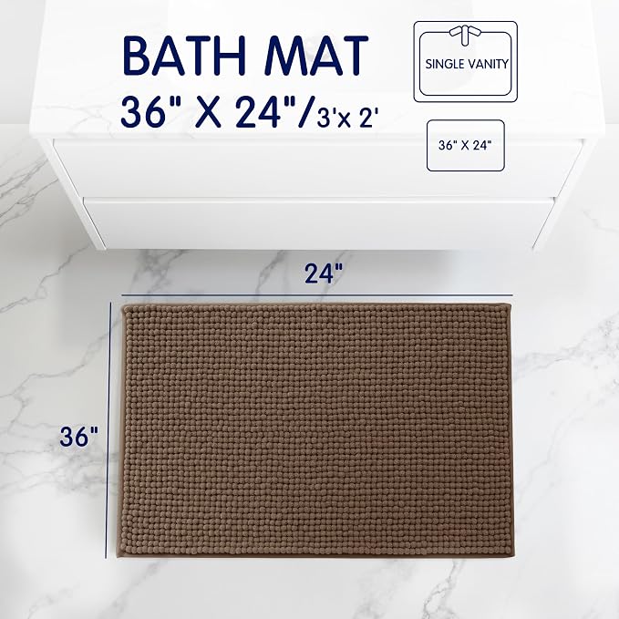 SUBRTEX Bathroom Rugs, 24" x 36" Chenille Bath Rug Soft Short Plush Bath Mat Soft Shower Mat Water Absorbent Shower Mat Quick Dry Machine Washable, Brown
