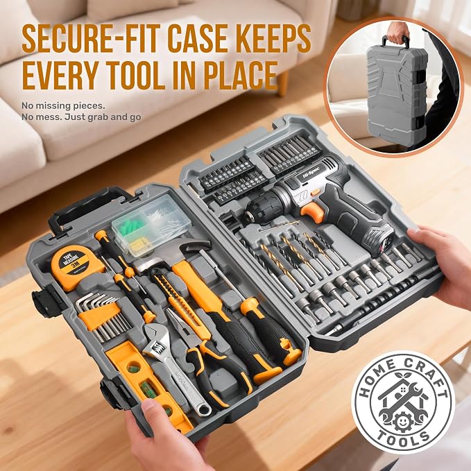Hi-Spec Tool Kit with 8V Cordless Drill Set. Complete DIY Tool Set for Essential Everyday Home Repair & Maintenance. USB Rechargeable Electric Drill in a Compact Toolbox Case.