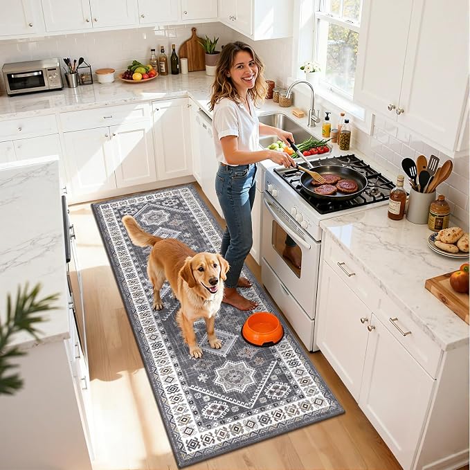 HEBE Boho Kitchen Rugs Sets of 2, Non Slip Washable Kitchen Mats for Floor, Farmhouse Kitchen Carpet Runner Rug Set for Sink, Stove, Laundry Room & Hallway