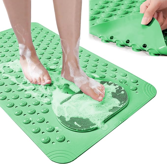 Bath Mat for Tub and Shower – Anti-Slip with Suction Cups, Exfoliating Foot Scrubber, Drain Holes & Massage Points – PVC, 19.7” x 31.5” – Non-Slip Mat for Seniors, Families, Spa Use
