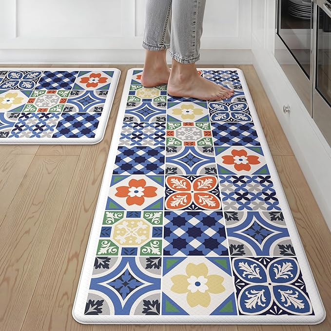 GENIMO Anti Fatigue Kitchen Mats for Floor, Cushioned Non Slip Kitchen Rug, Waterproof Kitchen Floor Mat Runner, Kitchen Mat for Laundry, Sink, Office, Entryway, 20"x48"+20"x32", Blue