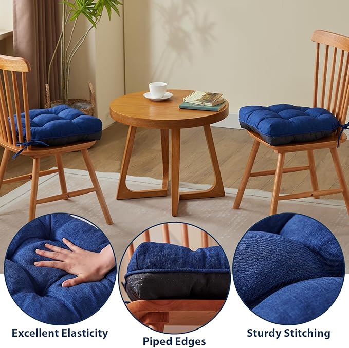 IASEAHK Chair Cushions for Dining Chairs, Seat Cushions for Kitchen Chairs, Indoor Seat Cushions with Ties, Tufted Foam Chair Pads, Non Slip Chair Cushions Set of 6, 15.5" x 15.5" x 4", Navy Blue
