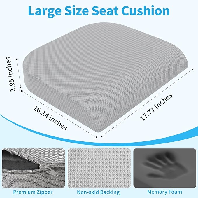 TranquilRelax Large Seat Cushion, Memory Foam Cushion for Long Sitting Hours on Office Chair, Home & Car, Non-Slip Chair Pad for Relieving Back & Sciatica & Hip & Coccyx Pain (Light Grey)