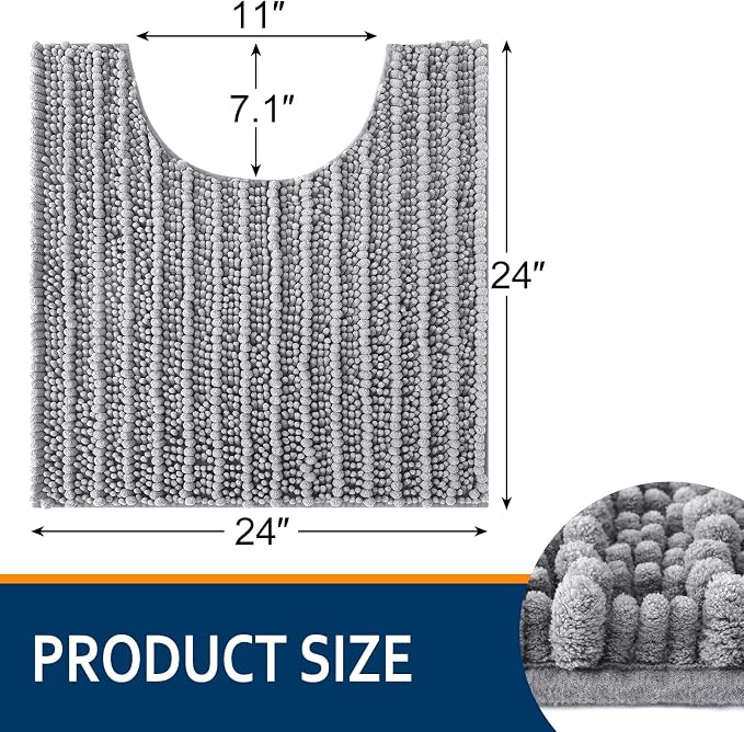 Smiry Bathroom Toilet Rugs U Shaped 24x24, Extra Soft Absorbent Non Slip Rubber Backing Chenille Contour Bath Rugs for Toilet, Machine Washable Contoured Bath Mats, Grey
