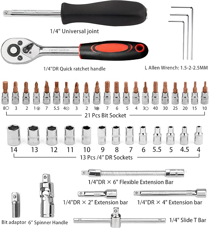 46 PCS Socket Wrench Set, Mechanic Tool Kit Quick-release Ratchet, 1/4" Drive Bit Metric Combination Tools for Auto Repairing & Household with Storage Case