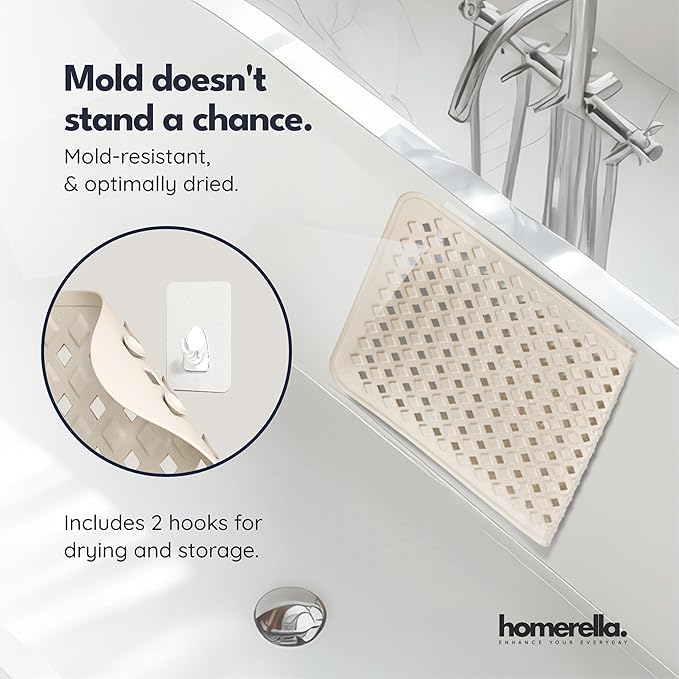 Bathtub Mat Non Slip 28x16 - homerella® Bath Mat Incl. Hooks for Drying, 100% BPA Free, Shower Mat Non Slip Anti Mold, Machine Washable, Shower Mats for Inside Shower Mildew Resistant (Sand)