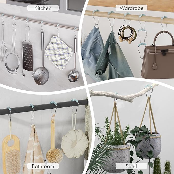 Amazer Shower Curtain Rings, Decorative Shower Curtain Hooks, Shower Curtain Hooks, Rustproof Stainless Steel Shower Hooks for Bathroom Shower Curtain-Set of 12, Ice Blu