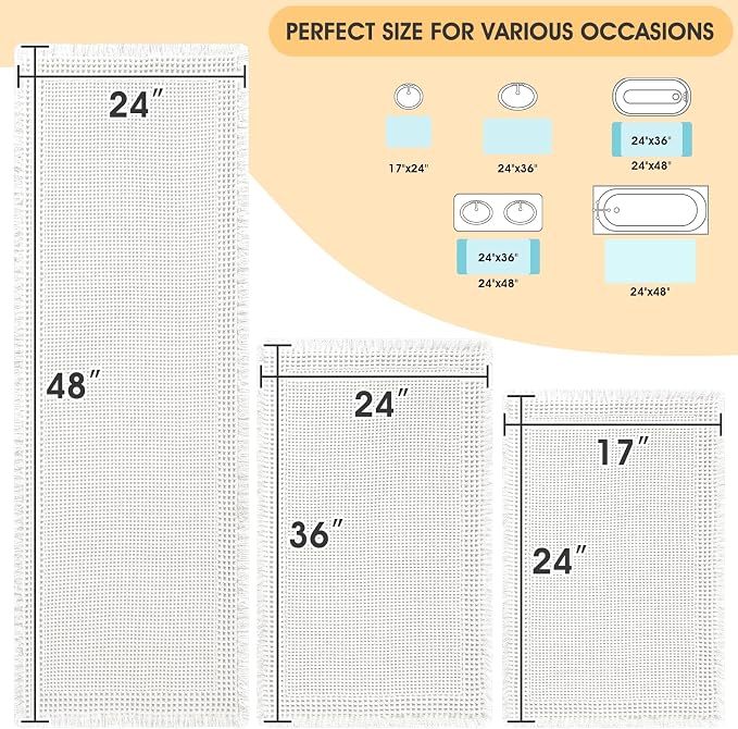 IM HOME Upgrade Waffle Bath Mat Set 3 Piece, Boho Bathroom Rugs Absorbent Non Slip, Soft Bathroom Mats, Machine Washable Knit Bath Rugs with Border for Bathroom, Bedroom, Kitchen, Shower, Tub, White
