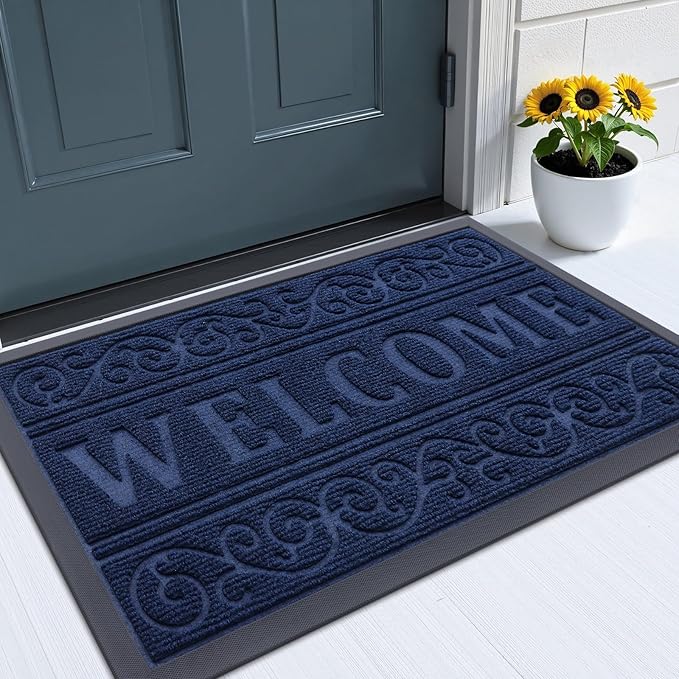 OLANLY Welcome Door Mat Indoor Outdoor Entrance, Heavy Duty Sturdy Front Door Mat, Waterproof All-Weather Doormat, Stain Resistant, Low Profile, Easy Clean Patio Entryway Mat, 29.5 x 17, Navy Blue