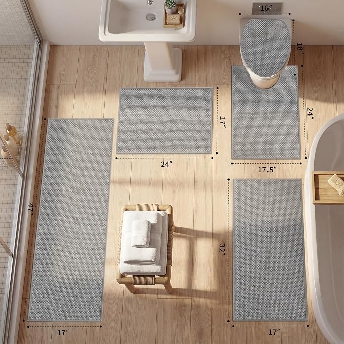 YIHOUSE Thin Bath Mat Grey Bathroom Rugs Sets 5 Pieces, Non Slip Absorbent Bath Mats Quick Dry, Woven Braided Rugs Washable, Rubber Tapetes para Baño for Bathroom Toliet,Bathtub